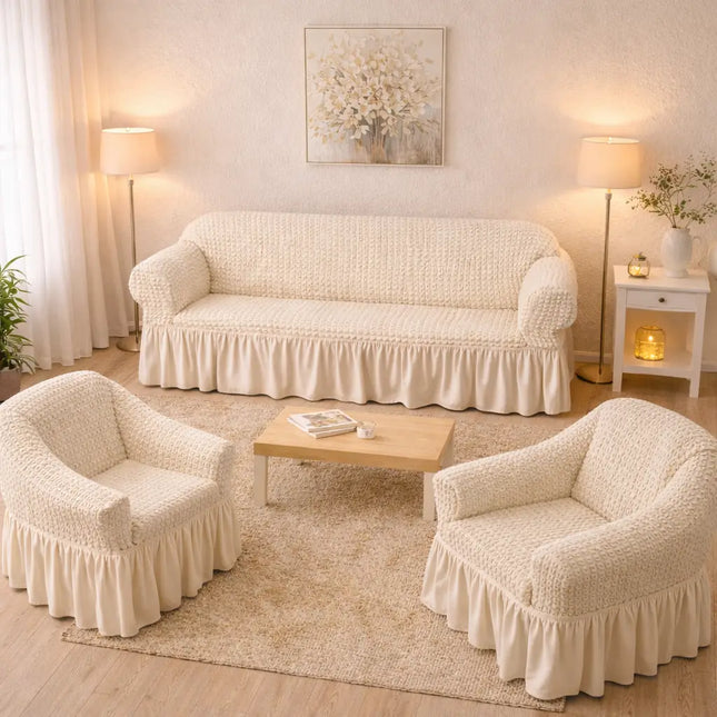 Set Huse Elastice si Creponate cu Volan, Canapea 3 Persoane + 2 Huse Fotolii