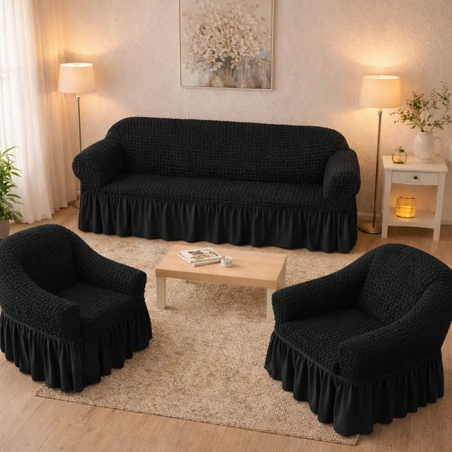 Set Huse Elastice si Creponate cu Volan, Canapea 3 Persoane + 2 Huse Fotolii