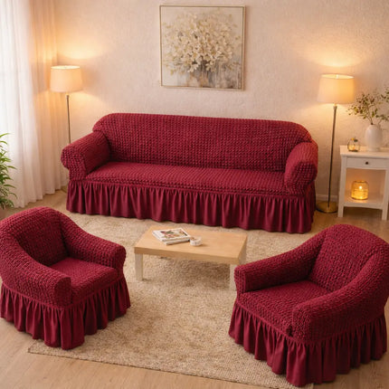 Set Huse Elastice si Creponate cu Volan, Canapea 3 Persoane + 2 Huse Fotolii