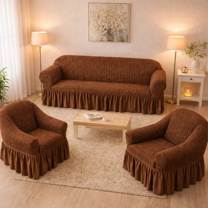 Set Huse Elastice si Creponate cu Volan, Canapea 3 Persoane + 2 Huse Fotolii