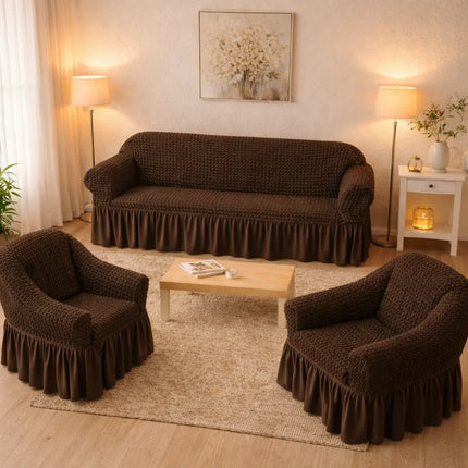 Set Huse Elastice si Creponate cu Volan, Canapea 3 Persoane + 2 Huse Fotolii
