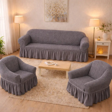 Set Huse Elastice si Creponate cu Volan, Canapea 3 Persoane + 2 Huse Fotolii