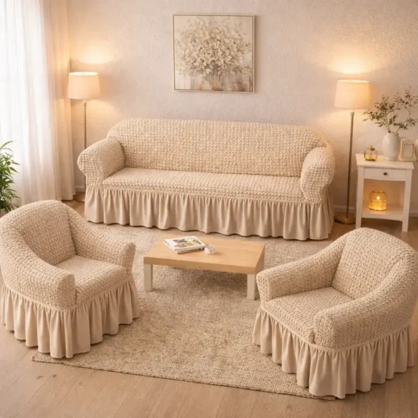 Huse Elastice Canapea 3 Locuri si 2 Fotolii Creponate cu Volanas